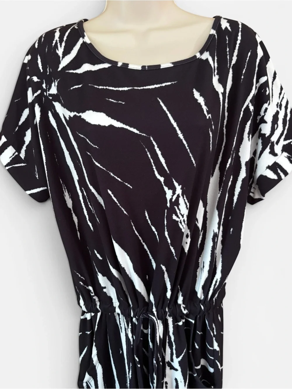 Black White Abstract Chic One Piece Jogger Jumpsuit Short Sleeves Pockets XL